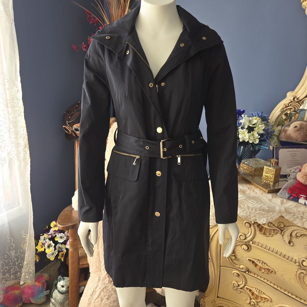 Brand New Michael Kors Black Trench Coat with Gold Accents